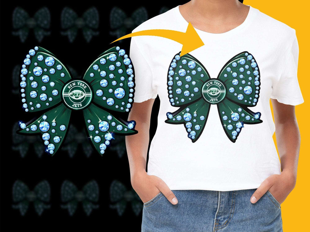 New York Jets Rhinestone Bow Design T-Shirt, Ladies Football Fan Apparel, Sparkly Green and White Bow Tee