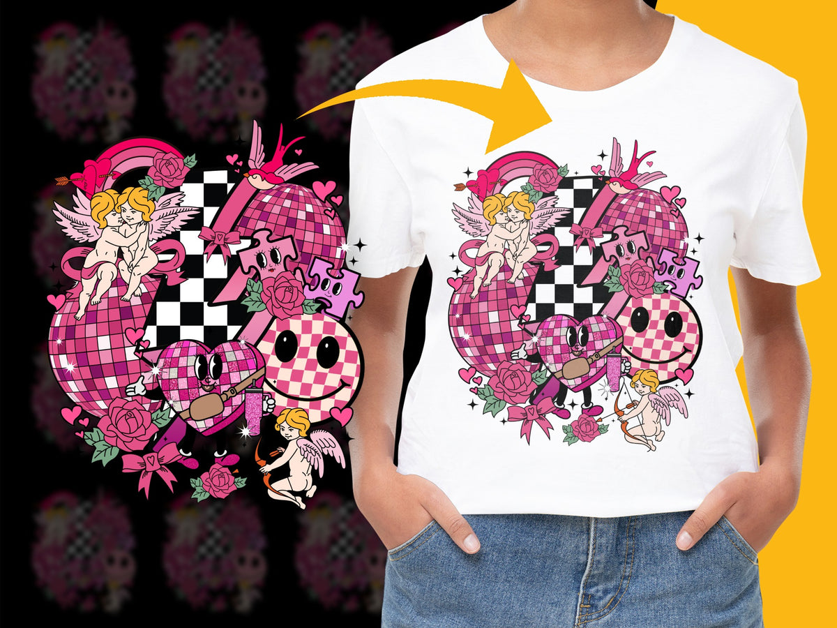 Kids Trendy Graphic Tee, Checkered Heart Cupid Print, Casual Cotton T-Shirt, Youth Fashion Top, Unique Gift Idea