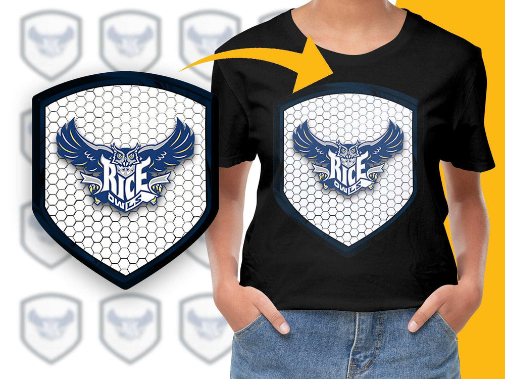 Rice Owls Sports Team Logo T-Shirt, Hexagonal Pattern, Blue and White Graphic Tee for Fans