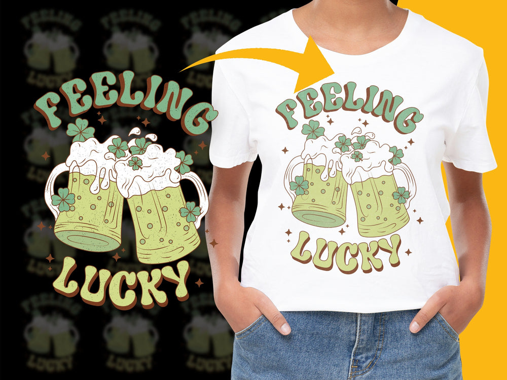 Feeling Lucky T-Shirt, St. Patrick's Day Beer Mugs Graphic Tee, Festive Holiday Shirt for Adults and Kids