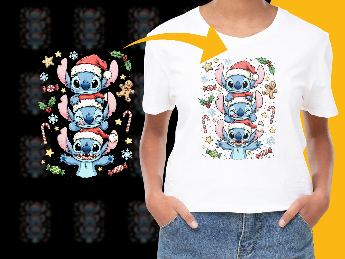 Christmas Stackable Stitch Alien T-Shirt, Cute Holiday Cartoon Characters, Festive Kids and Adult Tee Gift