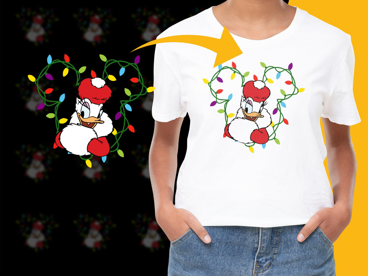 Festive Holiday T-Shirt, Cartoon Birds with Christmas Lights, Women's Fashion Top, Colorful Casual Wear