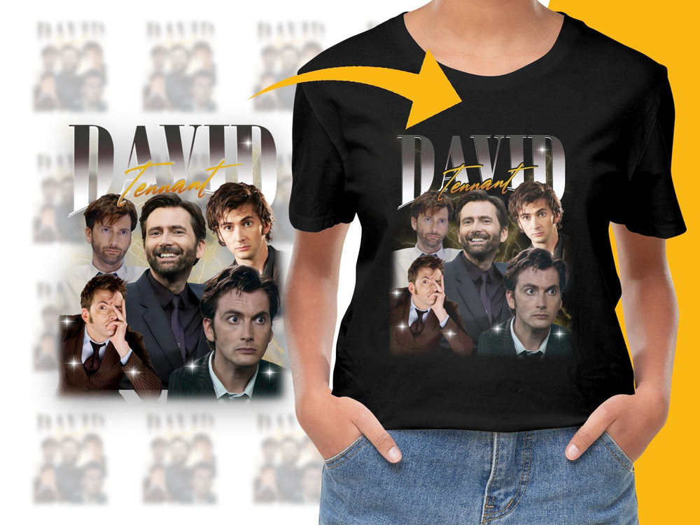 David Tennant Fan T-Shirt, Multiple Portraits Graphic Tee, Unisex TV Show Actor Black Shirt