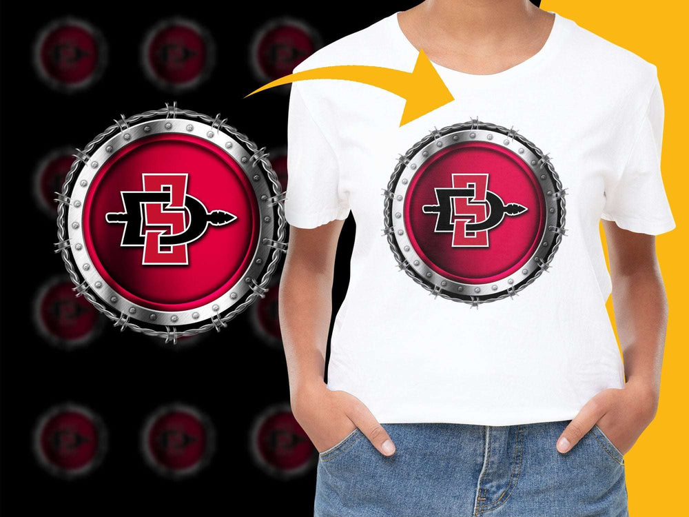Stylish Graphic T-Shirt with Red and Silver Emblem Design, Casual Unisex Tee