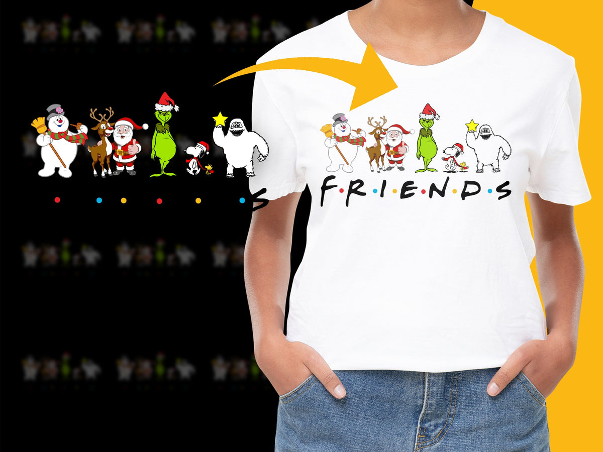 Christmas Friends T-Shirt, Cartoon Holiday Characters, Festive Winter Tee, Unisex Clothing Gift