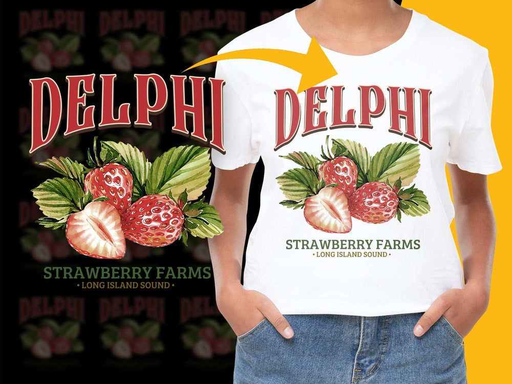 Delphi Strawberry Farms Graphic T-Shirt, Vintage Fruit Design Tee, Long Island Sound Inspired, Summer Casual Fashion Top