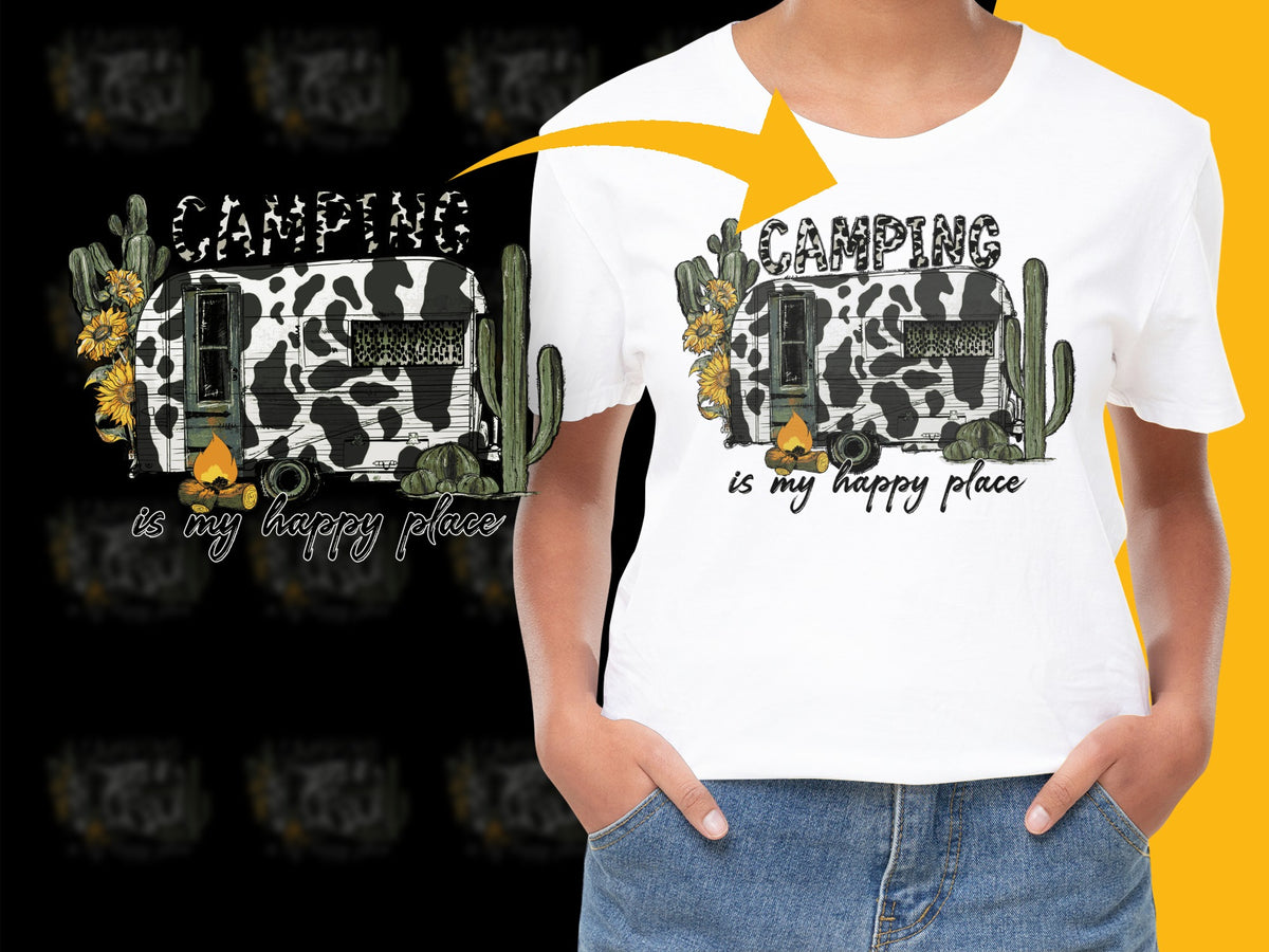 Women's Camping Graphic T-Shirt, Happy Place Camper Van Design, Sunflower and Cactus Tee, Trendy Outdoor Apparel