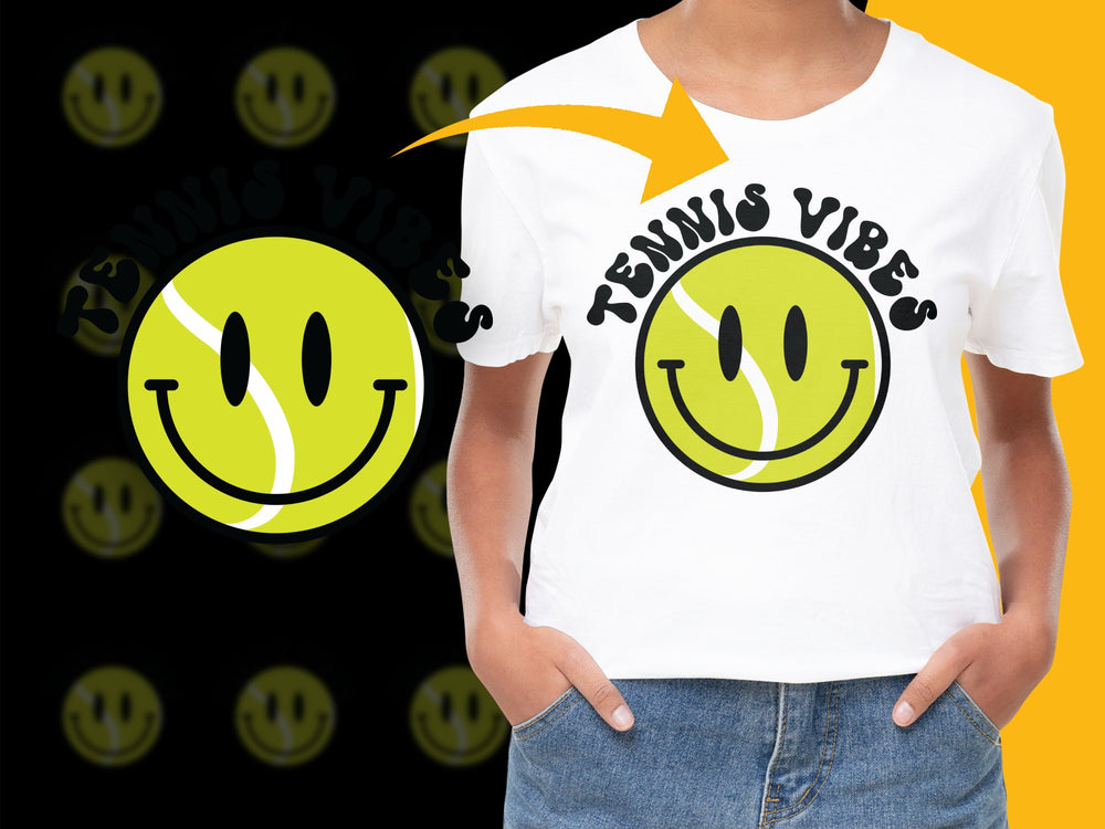Tennis Vibes Smiley Face T-Shirt, Happy Face Graphic Tee, Casual Sportswear, Unisex Apparel