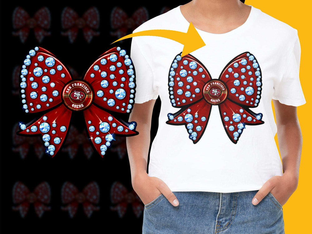 San Francisco 49ers Inspired Rhinestone Bow T-Shirt, Red and Blue Sparkly Football Fan Apparel, Women's Game Day Fashion Top