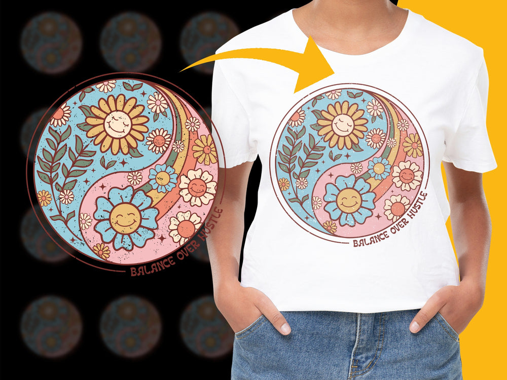 Yin Yang Floral Balance Artistic T-Shirt, Colorful Harmony Design Tee, Spiritual Graphic Shirt, Unisex Fashion Top