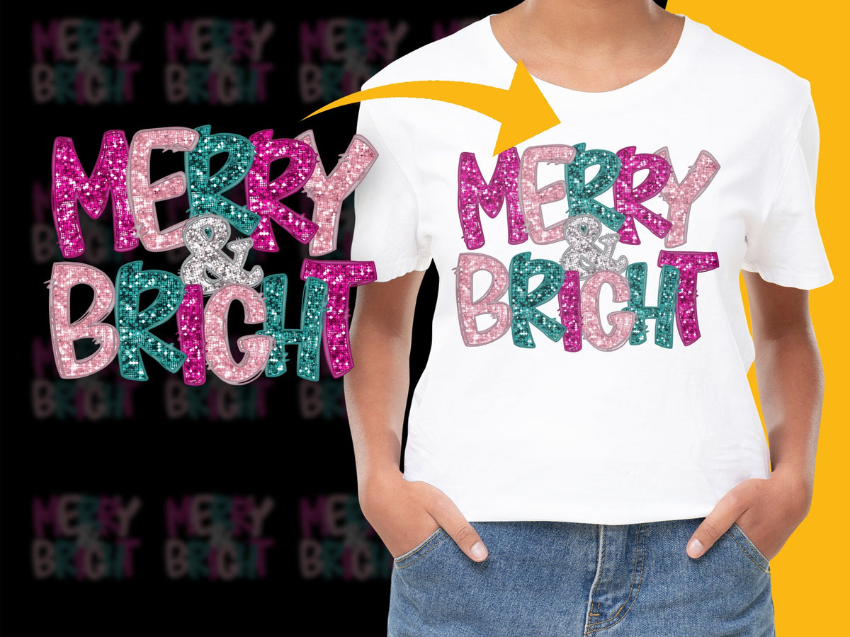 Merry and Bright Glitter T-Shirt, Colorful Christmas Women's Fashion Tee, Holiday Casual Wear