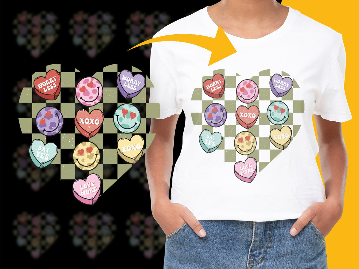 Valentine's Day Heart Candy Graphic T-Shirt, Colorful Love Messages, Casual Wear for All Ages