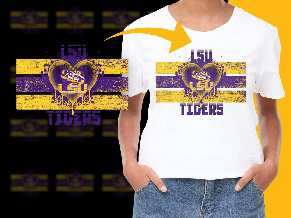 LSU Tigers T-Shirt, College Football Fan Gear, Purple and Gold Heart Logo, Tailgate Apparel