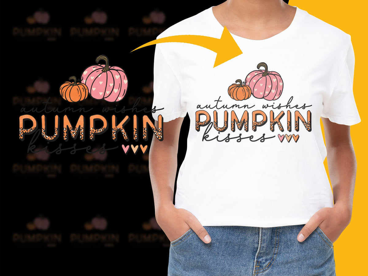 Autumn Wishes Pumpkin Kisses T-Shirt, Fall Season Women's White Graphic Tee, Halloween Pumpkin Shirt