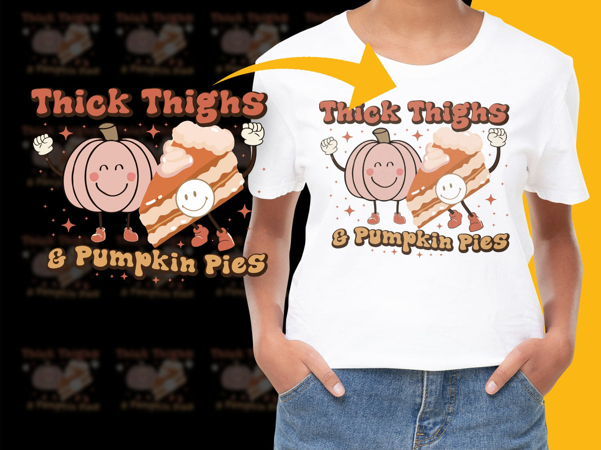 Thick Thighs and Pumpkin Pies Funny Fall T-Shirt, Thanksgiving Graphic Tee, Autumn Apparel, Cute October Shirt for Women and Men.