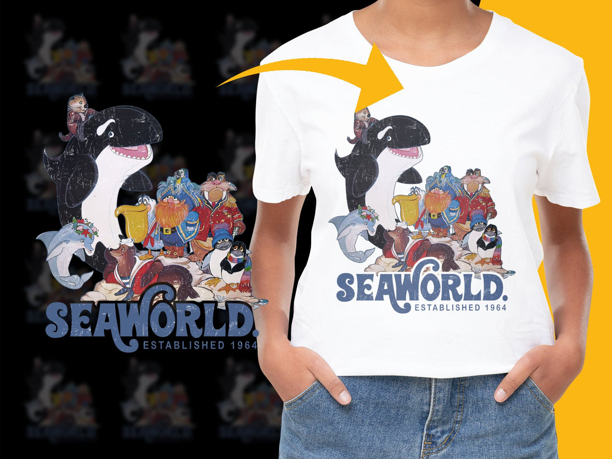 Vintage SeaWorld Graphic T-Shirt, Retro Cartoon Characters, Theme Park Apparel, 1964 Collectible Tee