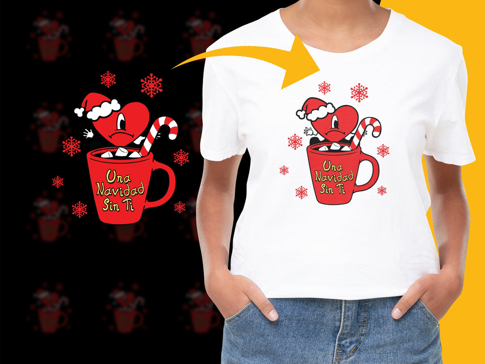 Festive Holiday T-Shirt, Christmas Coffee Mug Graphic, Red White Tee, Winter Snowflakes Design, Spanish Text