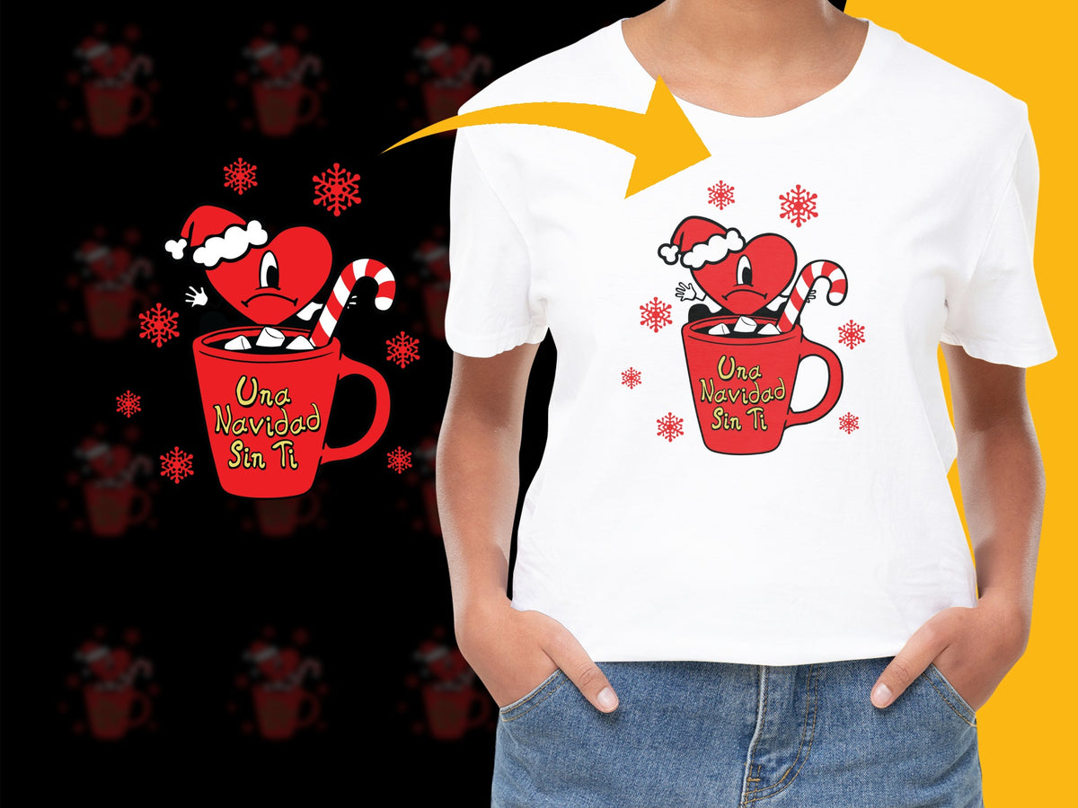 Festive Holiday T-Shirt, Christmas Coffee Mug Graphic, Red White Tee, Winter Snowflakes Design, Spanish Text