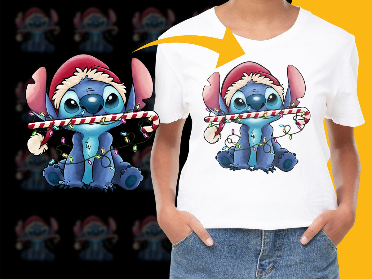 Kids Christmas T-Shirt, Cute Blue Monster with Candy Cane, Holiday Graphic Tee, Festive Children's Apparel, Winter Clothing.