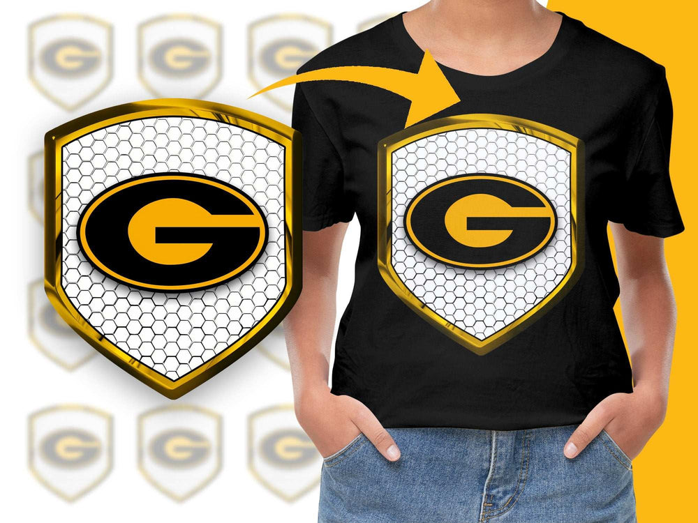 Youth Sports Team Logo T-Shirt, Black Graphic Tee, Honeycomb Shield Design, Casual Wear