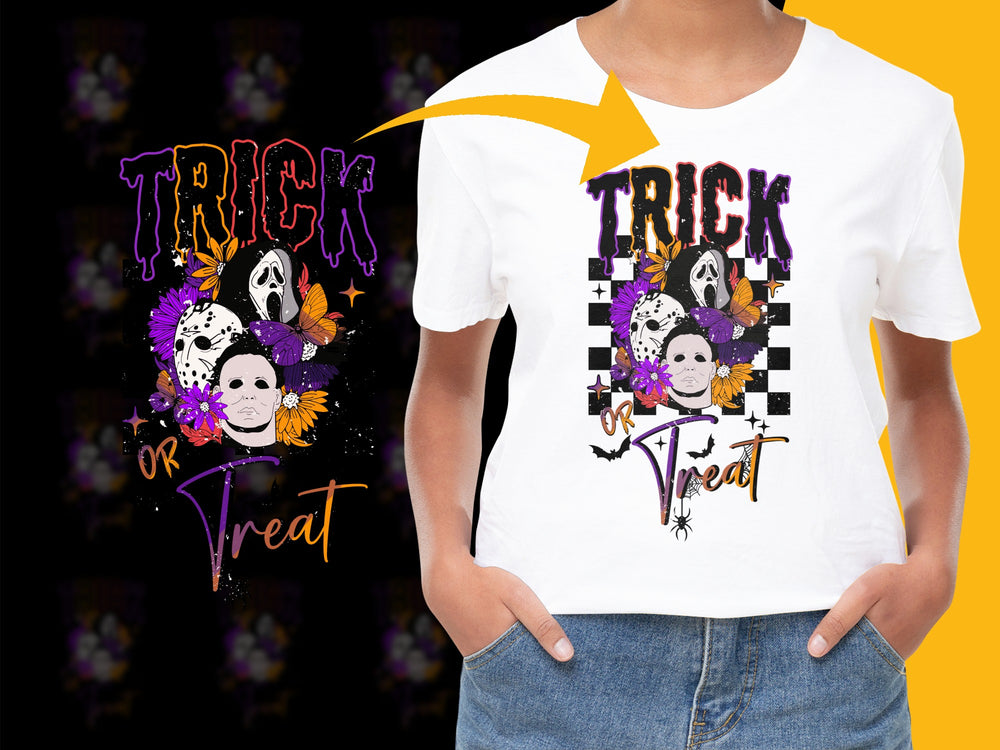 Halloween Trick or Treat T-Shirt, Gothic Skull Graphic Tee, Spooky Floral Kids and Adults Top