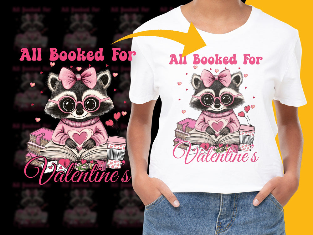 Cute Raccoon Valentine's Day T-Shirt, All Booked For Love, Women's Graphic Tee, Romantic Gift Idea, Book Lover Shirt, Trendy Top