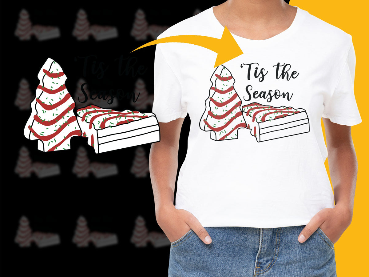 Tis The Season Graphic Tee, Christmas Tree Cake Design, Festive Holiday Shirt, Red and White