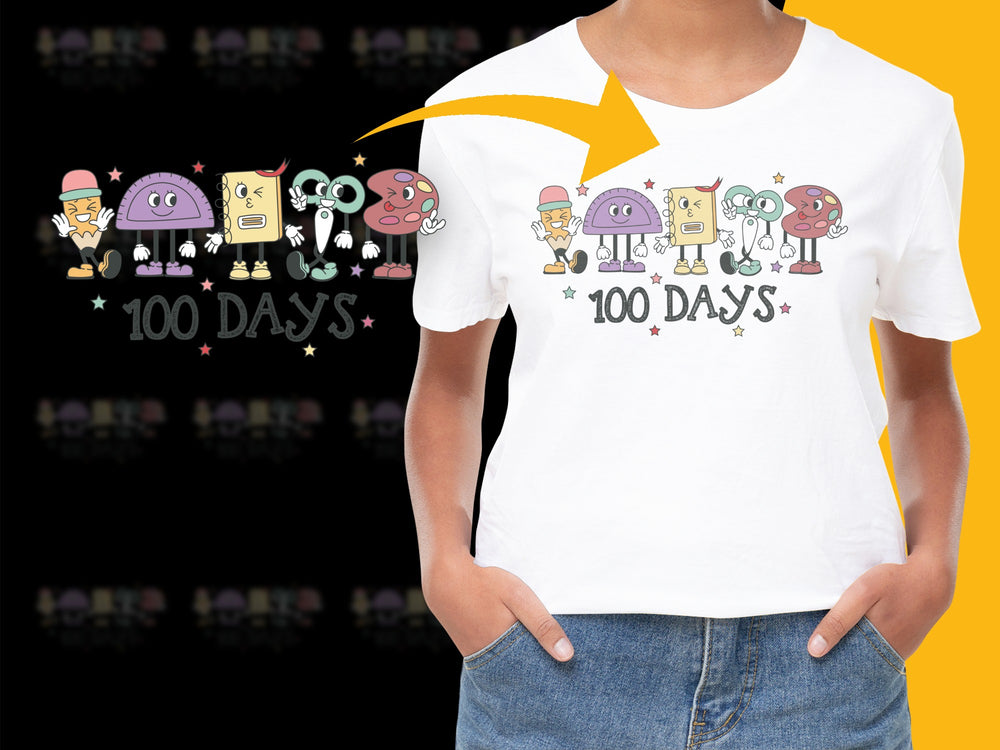 100 Days of School T-Shirt, Cute Cartoon Characters Celebration, Kids Fashion Tee