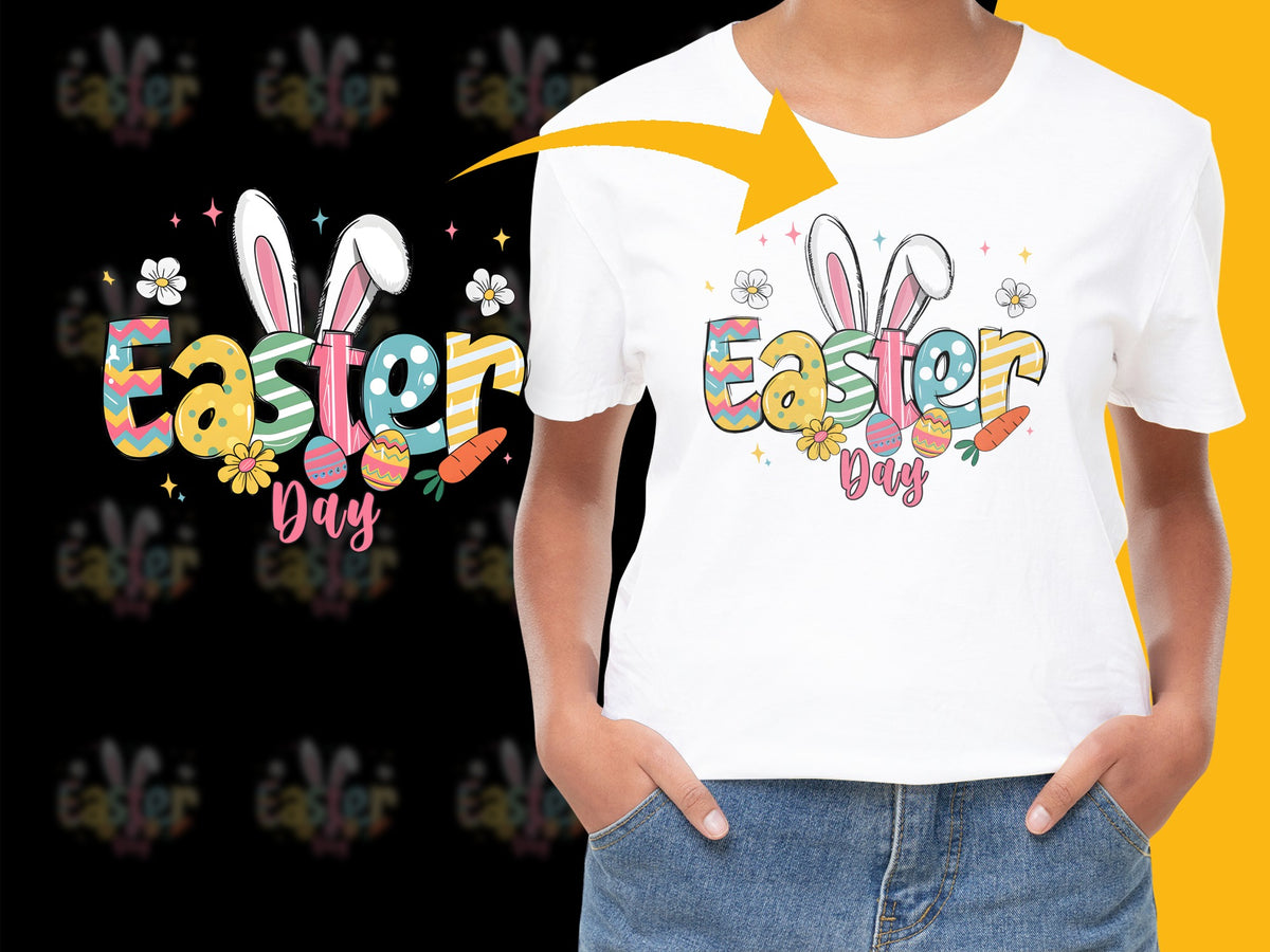 Easter Day T-Shirt with Colorful Bunny Ears Design, Kids and Adults Holiday Apparel