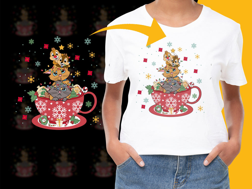 Kids Christmas T-Shirt with Cute Animals in Holiday Cups Graphic Tee Festive Clothing for Children