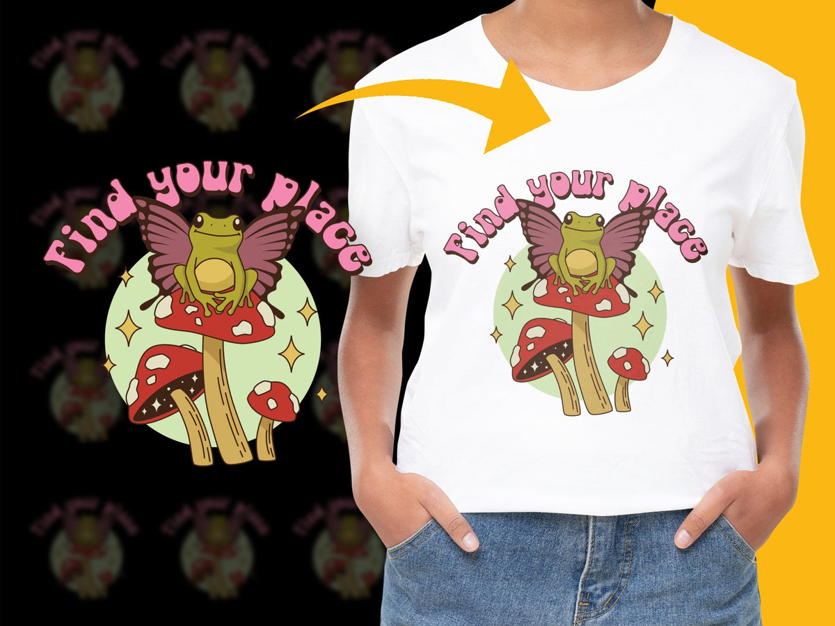 Whimsical Frog T-Shirt, Find Your Place Graphic Tee, Cute Amphibian Shirt with Mushrooms and Stars Design