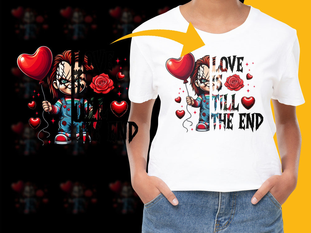 Love You Till The End Graphic T-Shirt, Couple Illustration, Heart Balloon Design, Unisex Tee