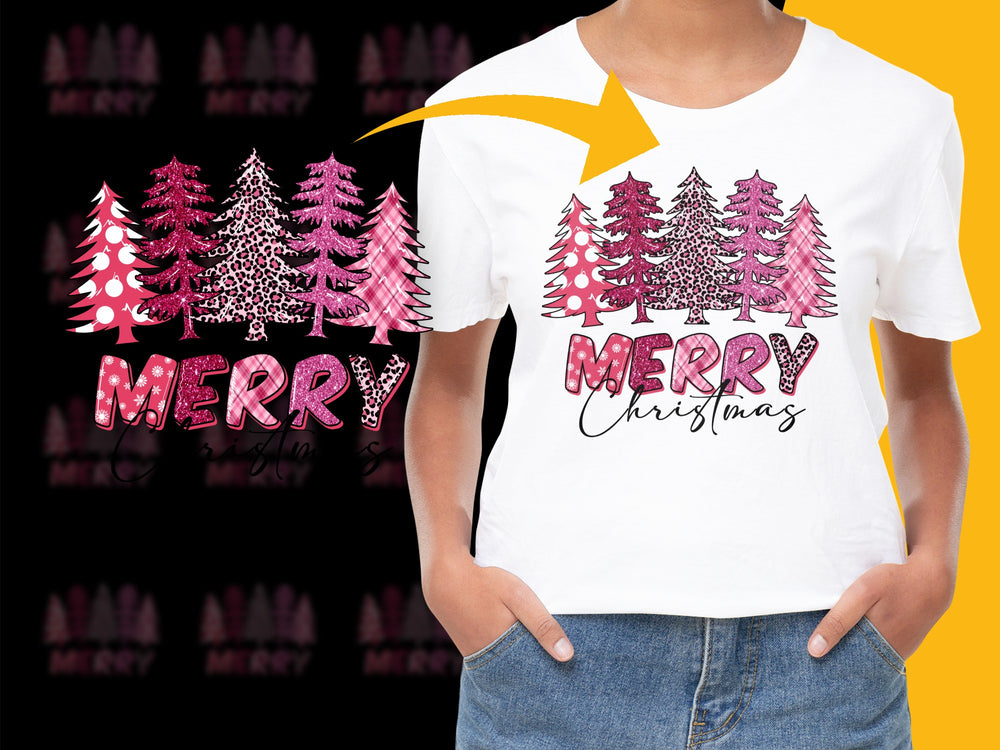Merry Christmas Holiday T-Shirt, Festive Pink Trees Graphic Tee, Women's Casual December Wear