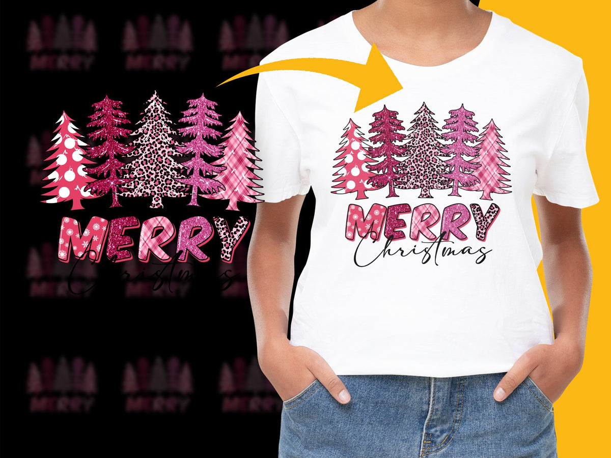 Merry Christmas Holiday T-Shirt, Festive Pink Trees Graphic Tee, Women's Casual December Wear
