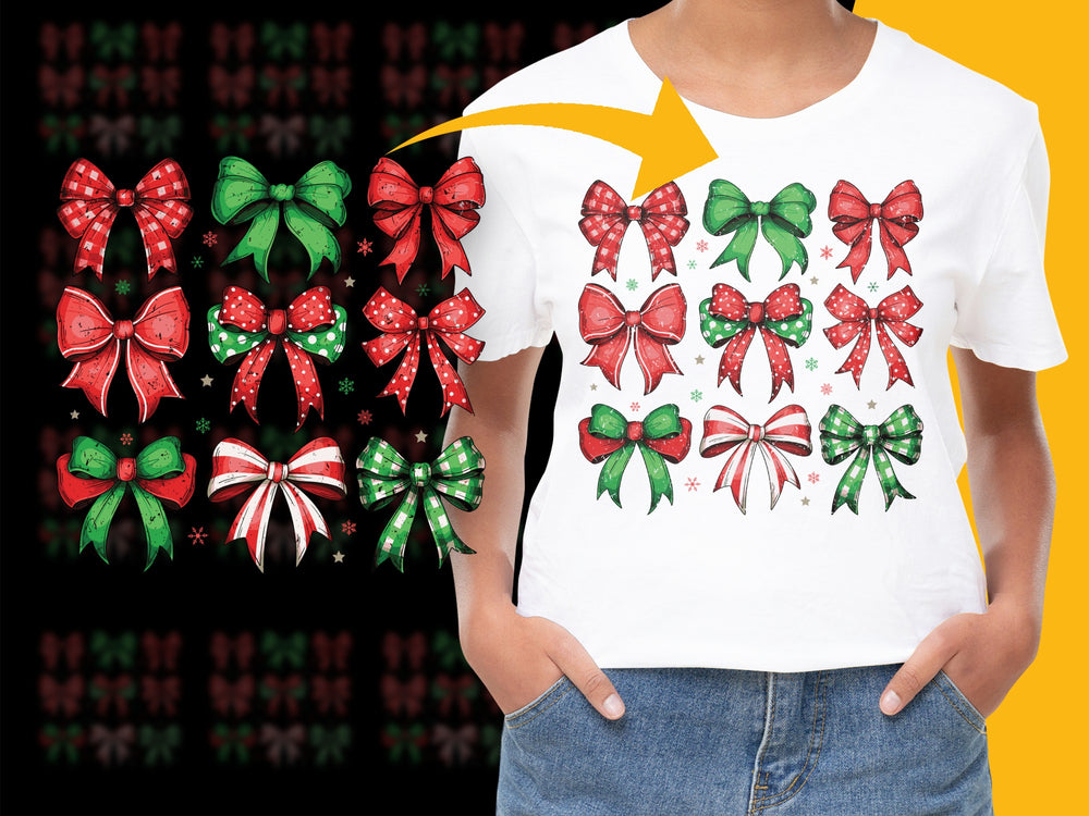 Holiday Bow T-Shirt, Festive Red and Green Bow Print, Christmas Casual Wear for All Ages, Unisex Cotton Shirt