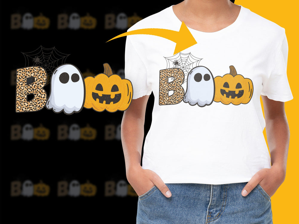 Halloween T-Shirt with Cute Ghosts and Pumpkins, Leopard Print Boo, Women's Festive Fall Fashion Tee