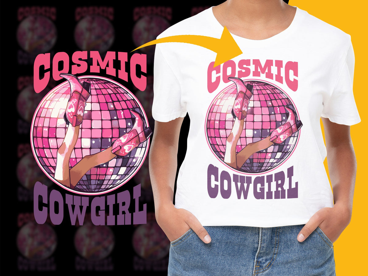 Cosmic Cowgirl T-Shirt, Retro Style Graphic Tee, Pink Disco Ball Design, Women's Fashion Top
