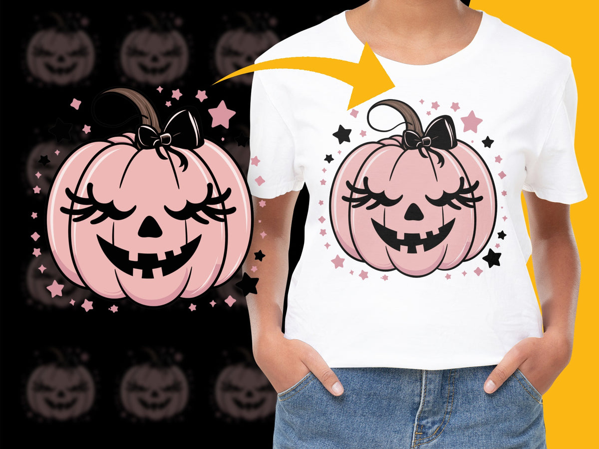 Cute Pumpkin Face Halloween T-Shirt, Pink Girly Spooky Tee, Casual Fall Fashion Top, Kids and Adults Sizes Available