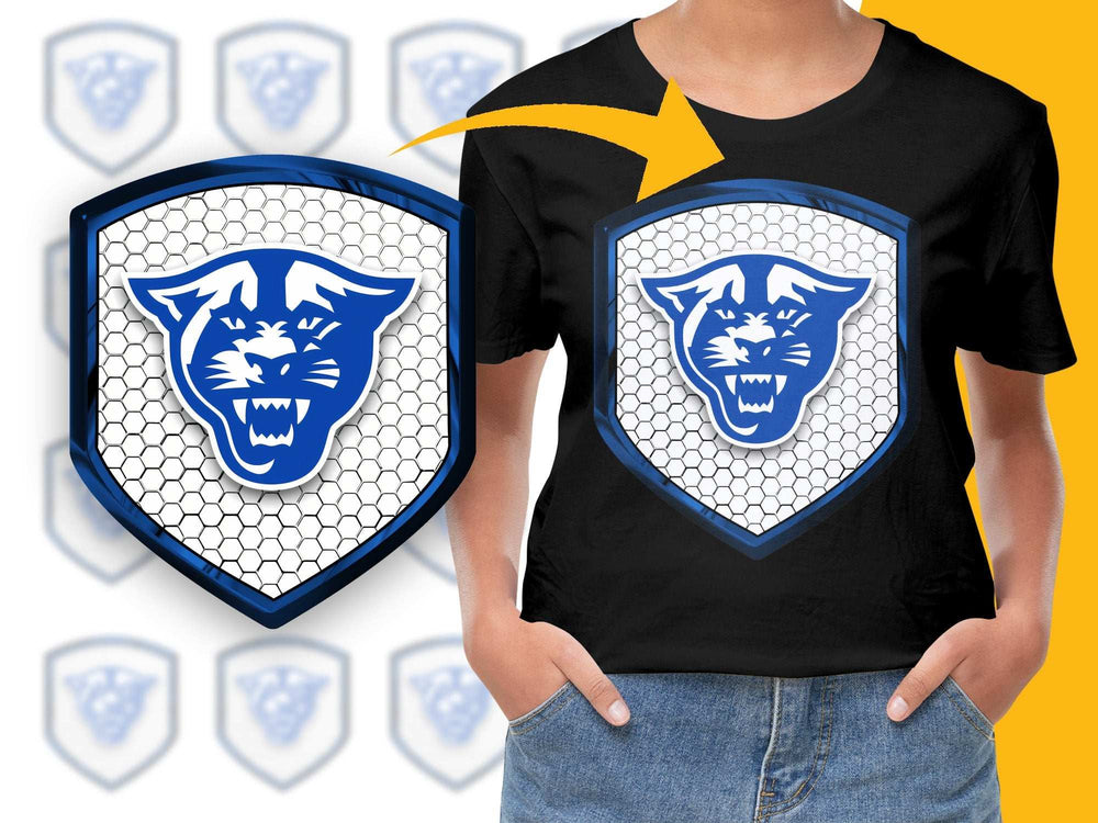Kids Panther Emblem T-Shirt, Youth Graphic Tee, Blue and White Animal Design, Cool School Spirit Shirt, Unique Gift for Children