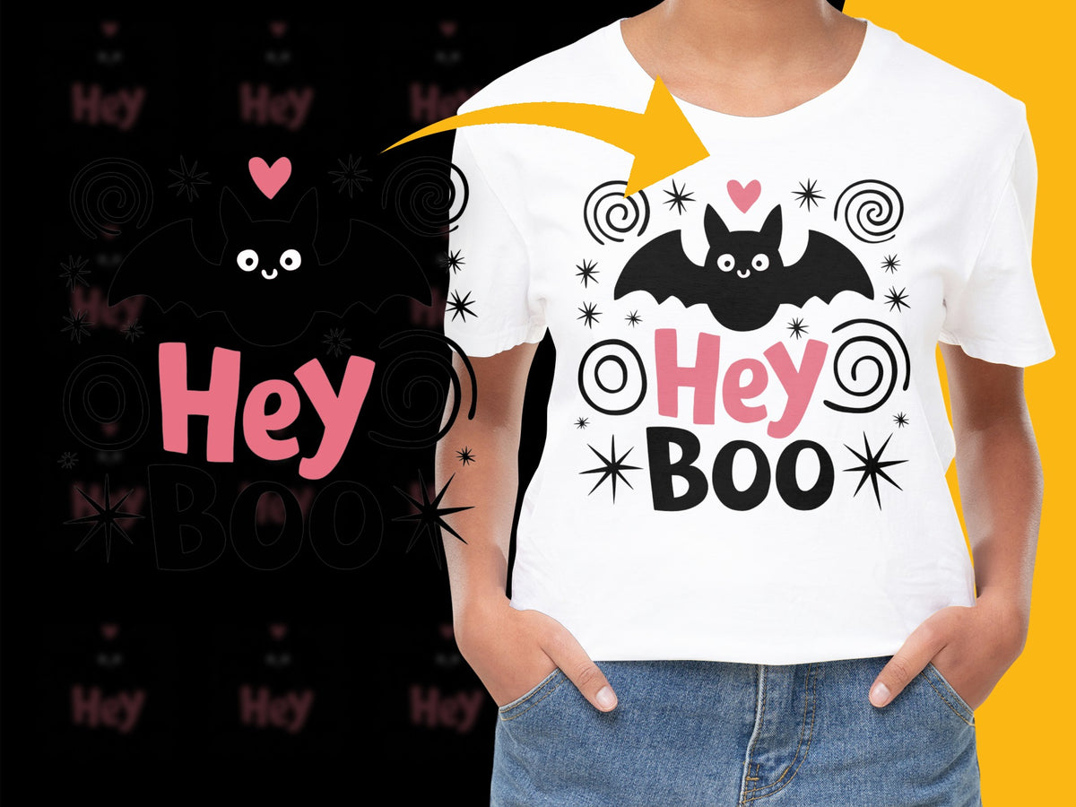 Cute 'Hey Boo' Bat Graphic T-Shirt, Halloween Spooky Tee for Kids and Adults, Casual Fall Fashion