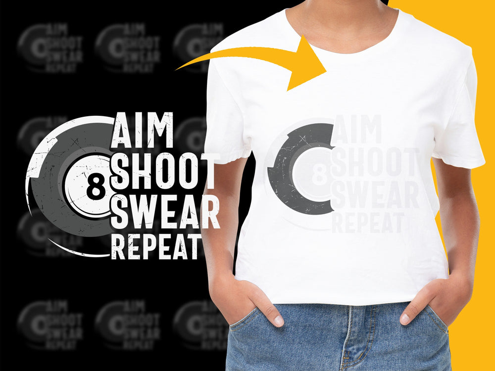 Funny Gamer T-Shirt, Aim Shoot Swear Repeat, Gaming Graphic Tee, Casual White Shirt for Gamers, Unisex Gaming Apparel