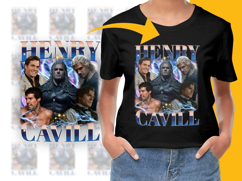 Henry Cavill Graphic T-shirt, Movie Characters Collage Tee, Unisex Black Cotton Shirt, Fan Apparel, Unique Gift Idea