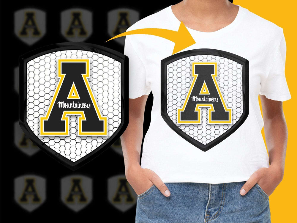 Youth Sports T-Shirt with Customizable Letter A, Mountaineers Team Logo, School Spiritwear, Graphic Tee for Kids and Teens