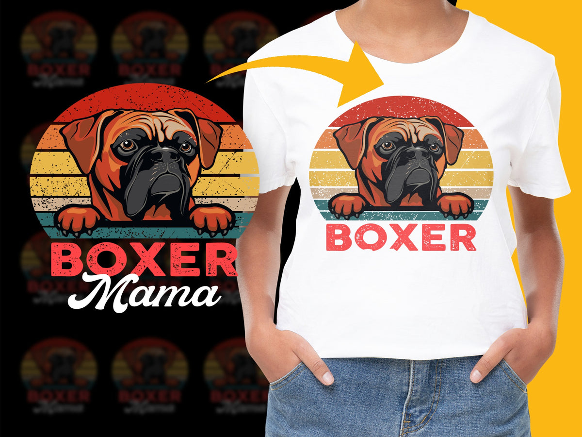 Boxer Mama T-Shirt, Retro Vintage Dog Lover Gift, Colorful Pet Owner Tee, Graphic Women's Fashion Top