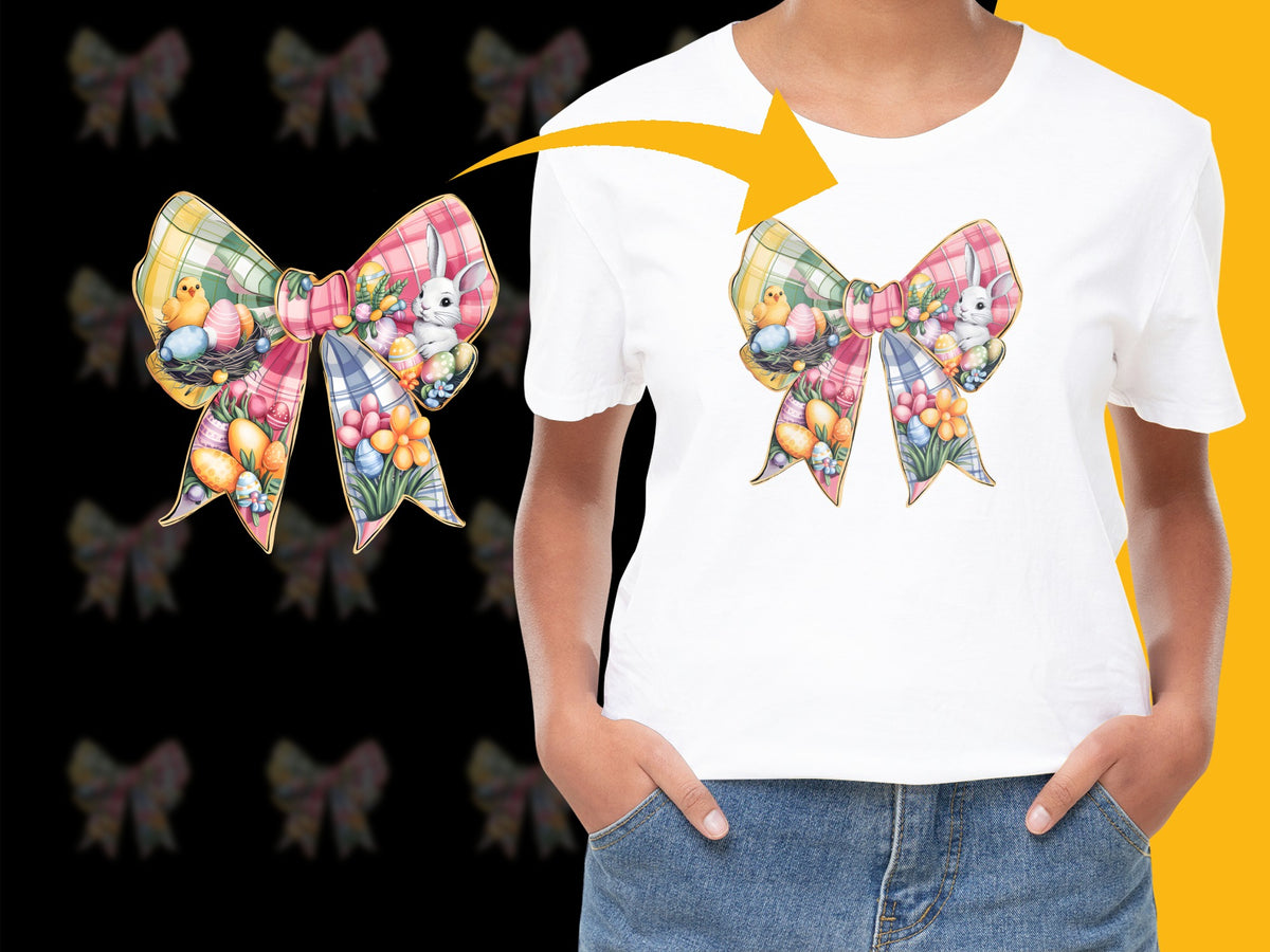 Colorful Easter Bunny Bow Graphic T-Shirt, Cute Spring Holiday Tee for Women and Kids