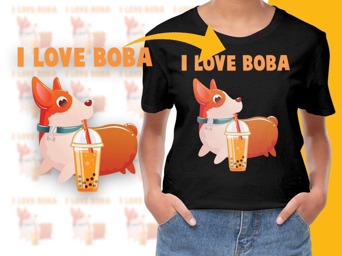 Cute Corgi Drinking Boba Graphic Tee Shirt PNG File - Teepew