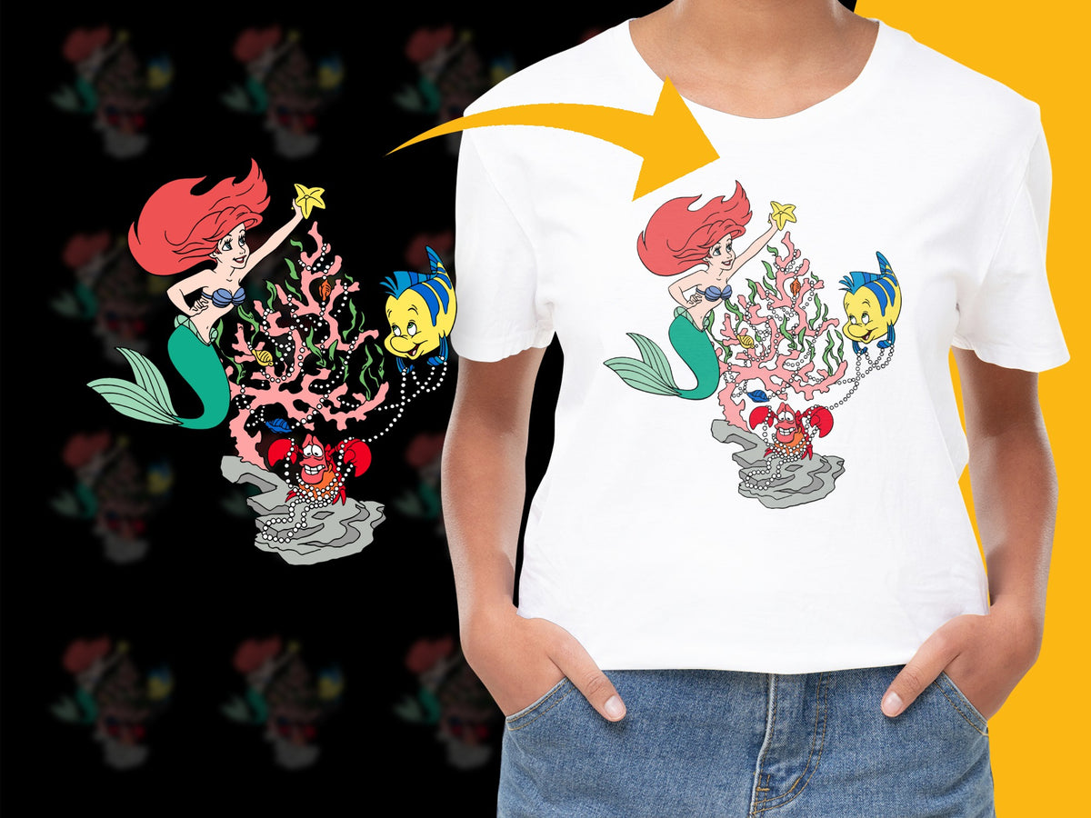 Kids Ariel Little Mermaid Graphic T-Shirt, Disney Princess Tee, Cartoon Character Top, Colorful Cotton Shirt