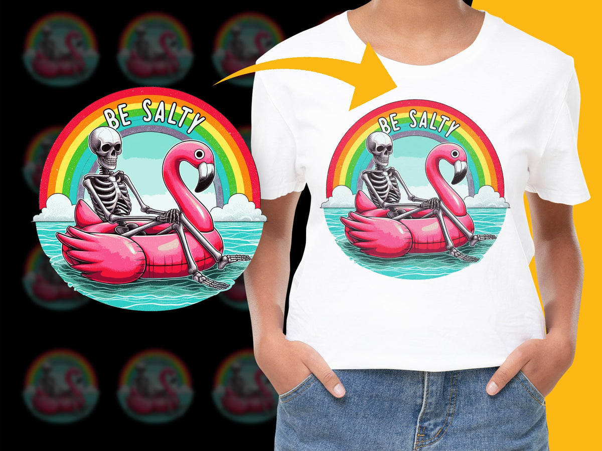 Be Salty Skeleton Flamingo T-Shirt, Vibrant Summer Graphic Tee, Unisex Casual Beachwear, Colorful Rainbow Design, Hipster Skull Apparel