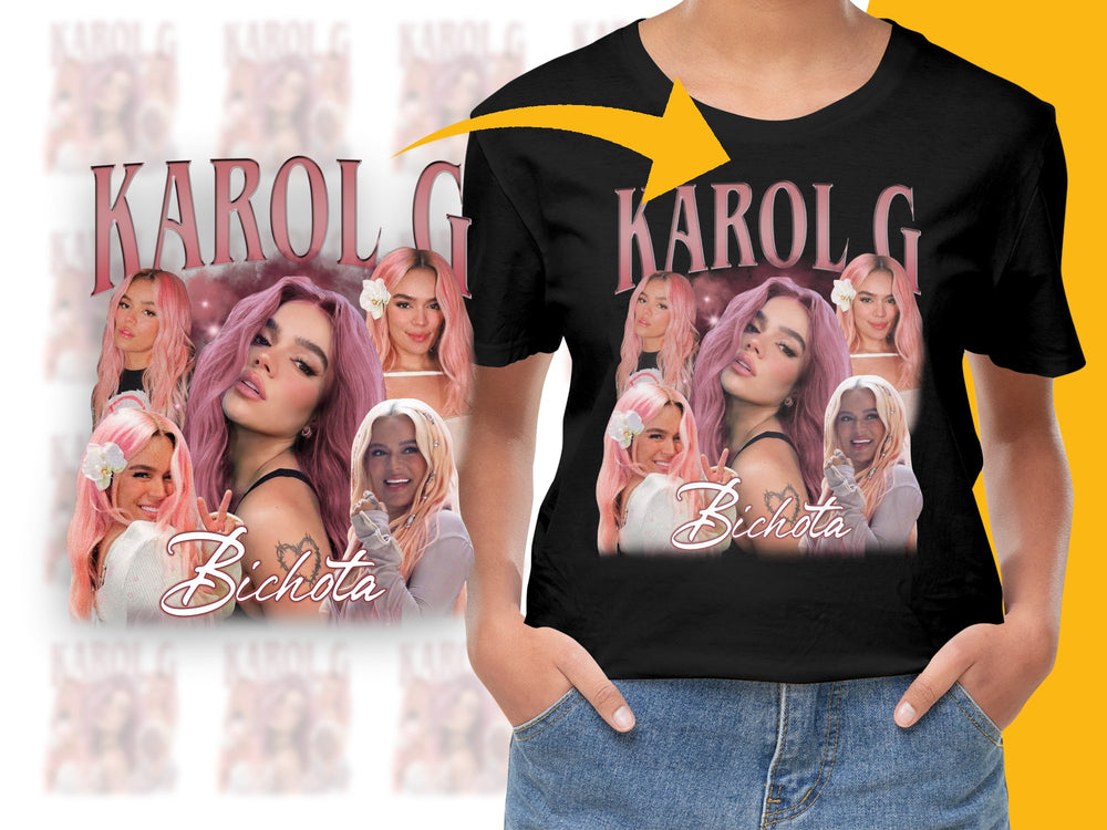 Karol G Fan T-Shirt, Bichota Graphic Tee, Pop Music Artist Merch, Colorful Multiple Poses Design
