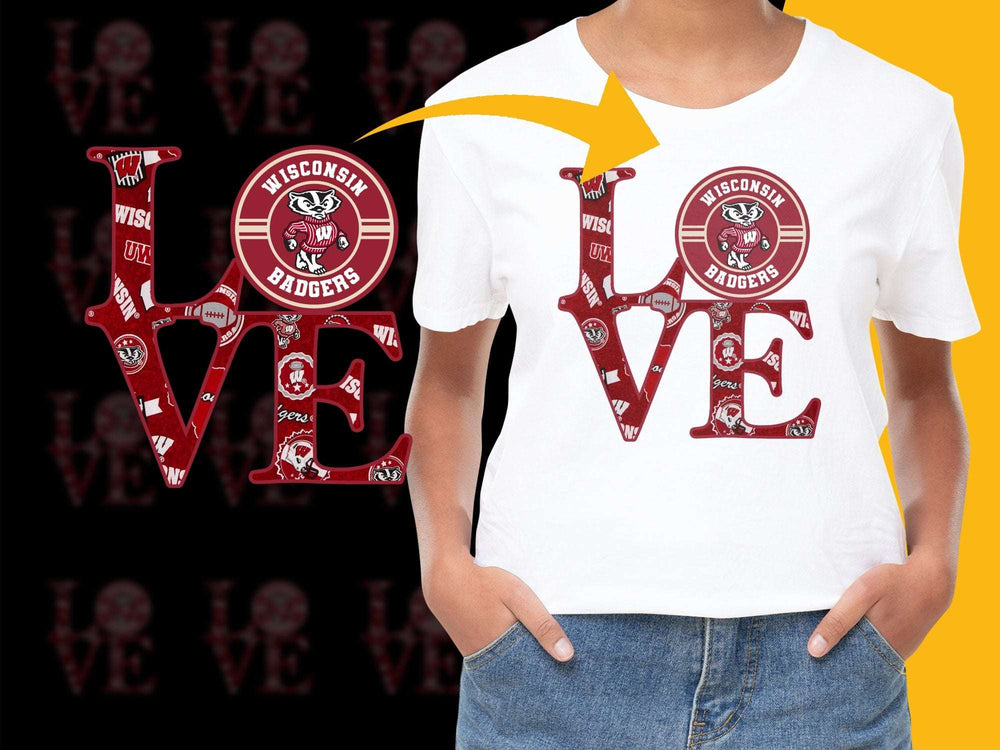 Wisconsin Badgers Love T-Shirt, College Football Fan Apparel, Red Graphic Tee